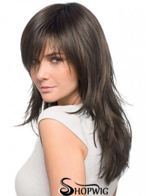 Human Hair Wigs Layered Cut Brown Color Long Length Straight Style