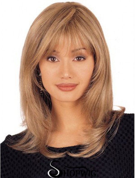 Straight Human Hair Lace Wigs Shoulder Length Blonde Color Layered Cut