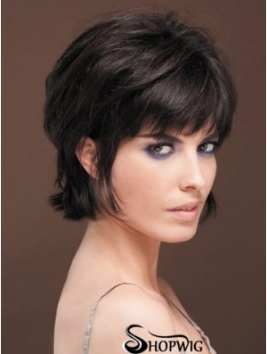 Naturally Straight Human Hair Wig With Bangs Capless Short Length Black Color