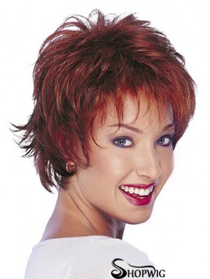 Human Hair Natural Wavy Wigs With Capless Short Length Red Color