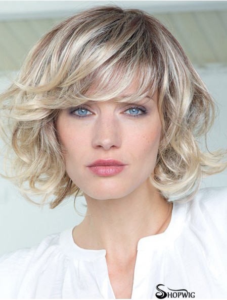 Human Hair Curly Wigs With Bangs Monofilament Shoulder Length Blonde Color