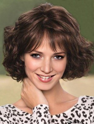 Lace Wig With Bangs Wavy Style Chin Length Brown Color