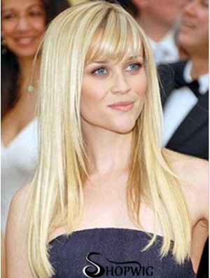Blonde Remy Human Long Straight With Bangs Mono Wigs Human Hair