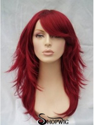 Red Human Hair Wigs Full Wig With Bangs Wavy Style Shoulder Length