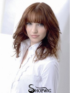 Wavy Human Hair Wig Medium Auburn Color Shoulder Length With Bangs