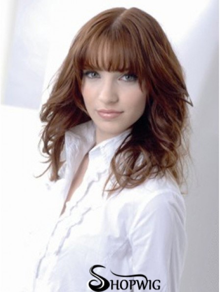 Wavy Human Hair Wig Medium Auburn Color Shoulder Length With Bangs