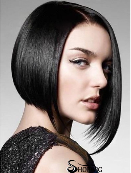 Remy Human Monofilament Chin Length Straight Black Bob Wig