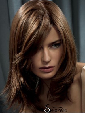 Long Brown Wavy Human Hair Wig With Capless Straight Style