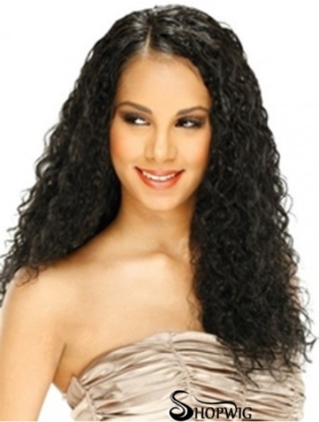 Human Hair Lace Front Wig Curly Style Long Length Black Color