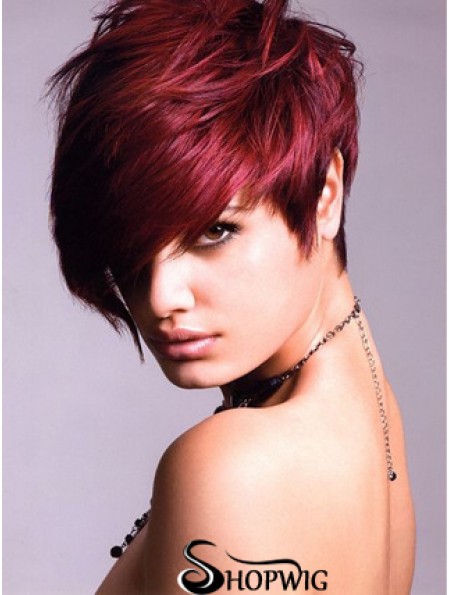 Human Hair Lace Front Wig With Bangs Short Length Red Color