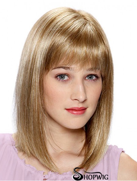 Lace Front Human Hair Wigs Blonde Color Shoulder Length With Bangs