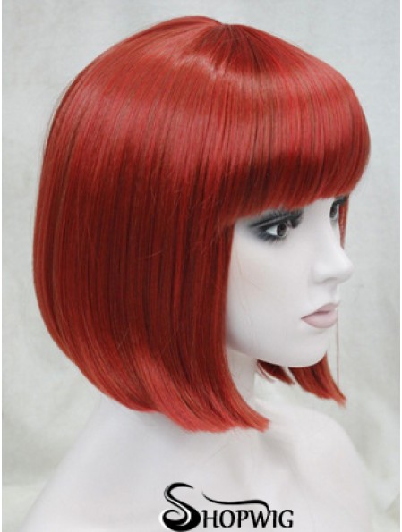 Human Hair Lace Front Wig Chin Length With Bangs Red Color