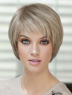 Blonde Short Straight With Bangs Monofilament Wigs