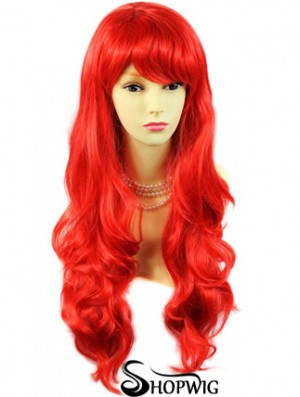 Human Hair Wigs Red With Bangs Capless Wavy Style Long Length