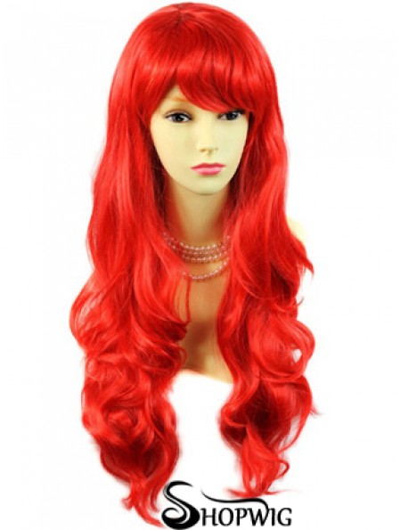 Human Hair Wigs Red With Bangs Capless Wavy Style Long Length