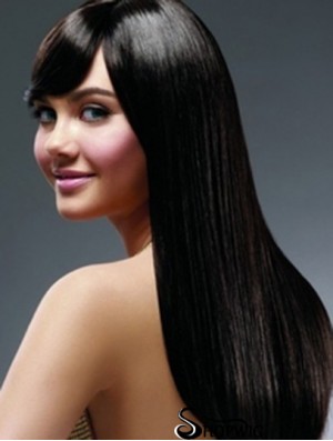 22 inch Black Long With Bangs Yaki Hairstyles Lace Wigs