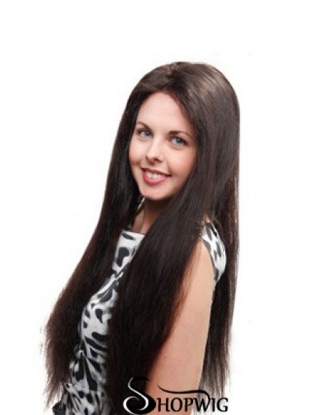 Straight Without Bangs 100% Hand-tied Sleek 26 inch Black Long Wigs