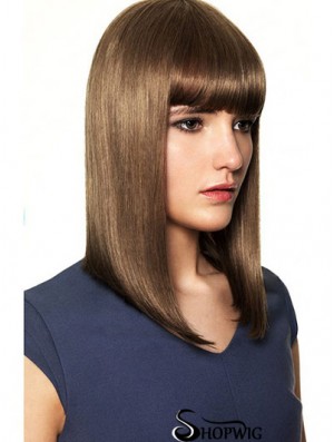 With Bangs High Quality Straight Brown Shoulder Length Human Hair Wigs