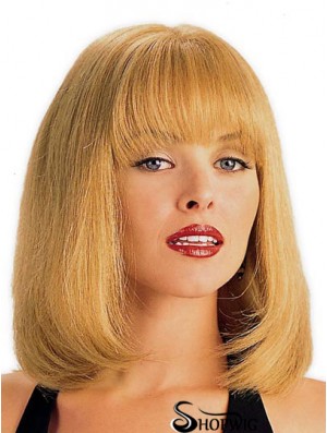 Human Hair Wig Blonde With Bangs Straight Style Shoulder Length