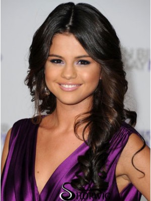 Without Bangs Soft Wavy Black Long Human Hair Lace Front Selena Gomez Wigs