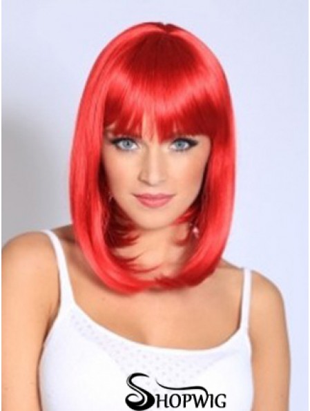 Straight With Bangs Shoulder Length Red Fashionable Lace Front Wigs