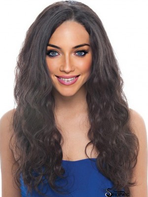 24 inch Black Long Without Bangs Wavy Discount Lace Wigs