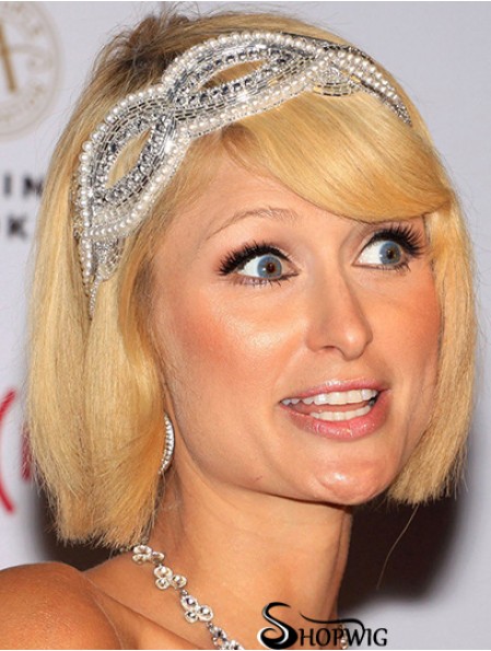 100% Hand-tied Chin Length Straight With Bangs Blonde Amazing Paris Hilton Wigs