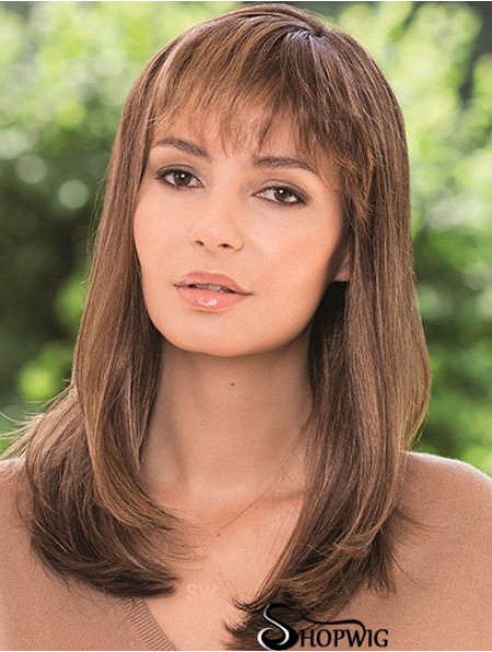 16 inch Brown Shoulder Length With Bangs Straight Stylish Lace Wigs