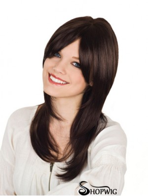With Bangs Long Brown Wavy 16 inch Durable Human Hair Wigs