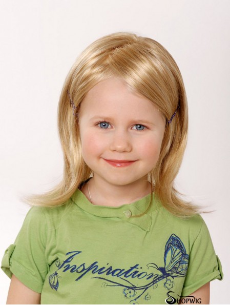 100% Hand-tied 12 inch Straight Shoulder Length Without Bangs Blonde Remy Human Hair Wigs For Kids