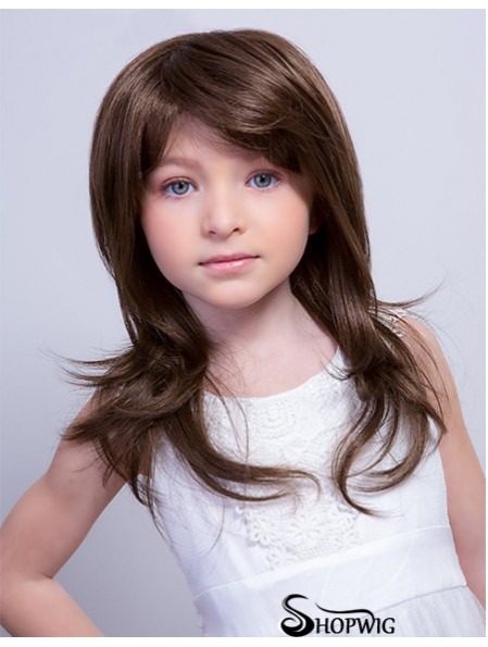 Monofilament 15 inch Straight Long With Bangs Brown Remy Human Hair Kids Wigs Cheap