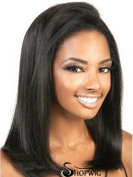 Cheap Human Hair Lace Front Wigs Yaki Style Shoulder Length Black Color