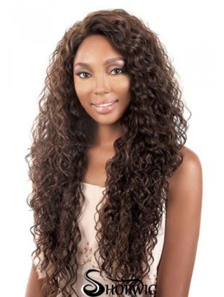 Long Brown Kinky Without Bangs Durable African American Wigs