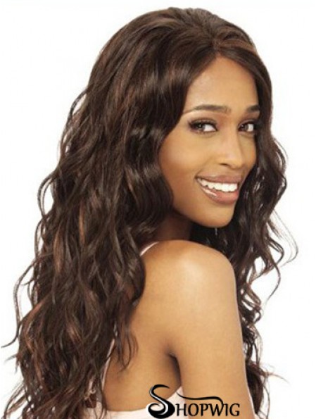 Without Bangs Modern Wavy Brown Long Human Hair Lace Front Wigs