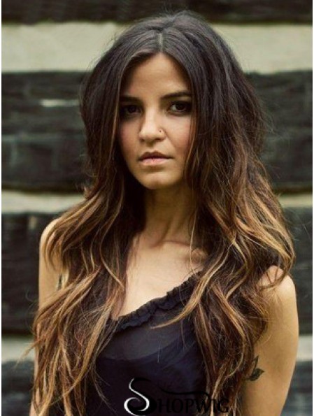 Long Ombre/2 Tone Wavy Without Bangs Fashionable African American Wigs