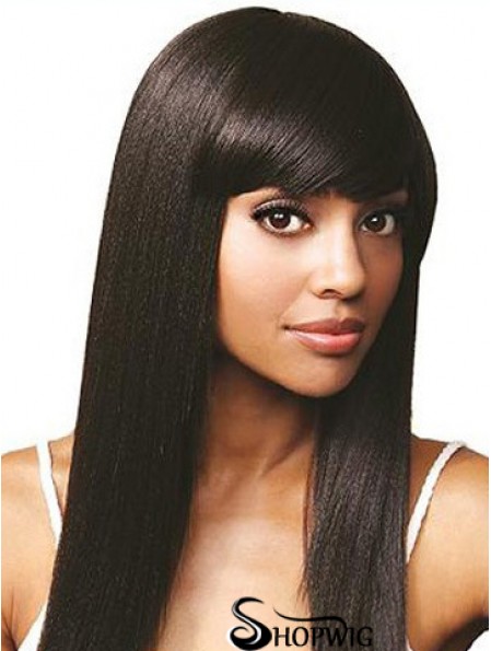 With Bangs Online Straight Black Long Human Hair Lace Front Wigs