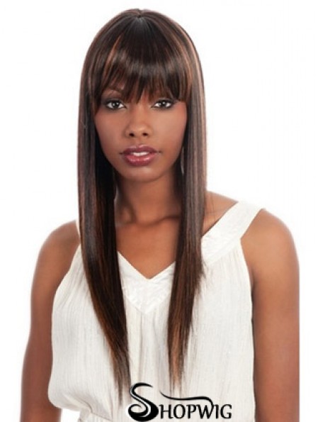 Long Brown Yaki With Bangs Fashionable African American Wigs