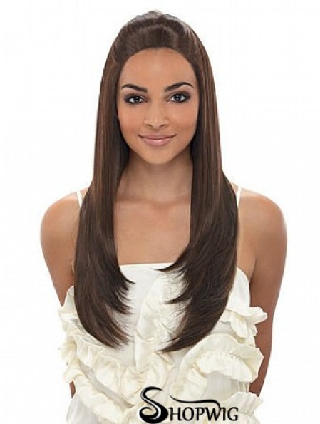 Long Brown Straight Without Bangs Fashionable African American Wigs