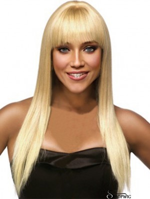 Hairstyles Blonde Long Straight With Bangs Human Hair Wigs