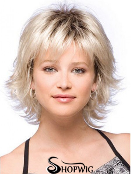 Synthetic Hair Wigs Chin Length With Bangs Blonde Color With Capless