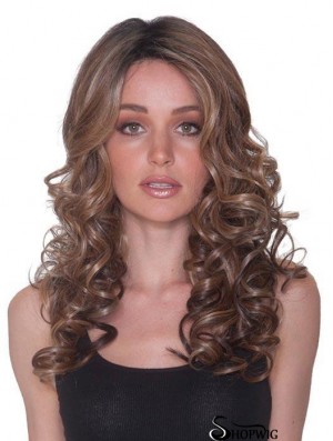 Without Bangs 100% Hand-tied 18 inch Curly Brown Long Wigs