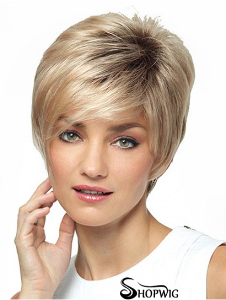 Synthetic Short Ladies Wig With Bangs Short Length Blonde Color