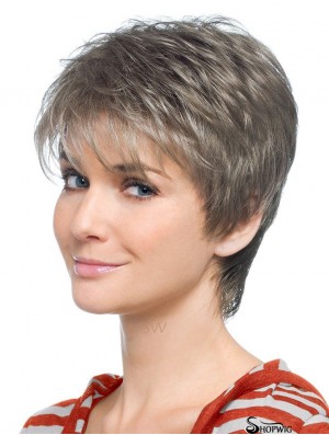 Grey Wig With Capless Synthetic Straight Style Short Length Grey Cut