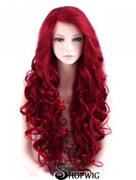 24 inch Red Long Wavy Large Cap Synthetic Lace Front Wigs