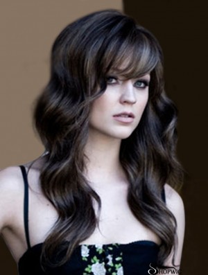 Hair Synthetic Black With Bangs Long Length Wavy Style