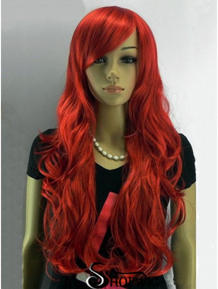 24 inch Wavy With Bangs Capless Red Affordable Long Wigs