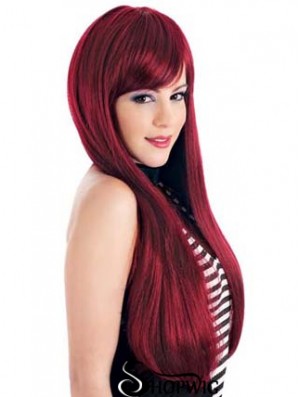 Straight With Bangs Lace Front Ideal 24 inch Red Long Wigs