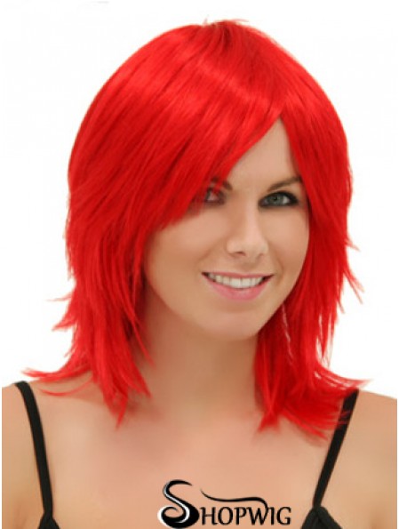 Red Shoulder Length Straight Without Bangs 14 inch Modern Medium Wigs