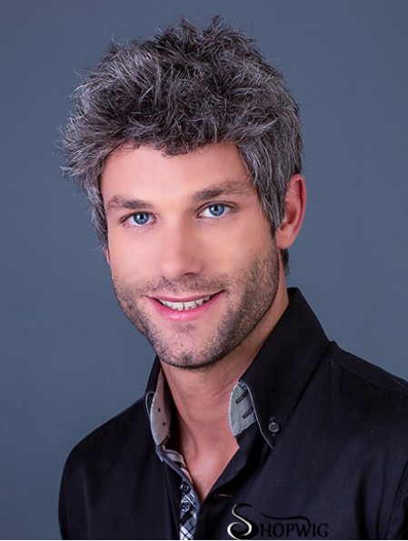 4 inch Straight Monofilament Cropped Synthetic Grey Wig For Man