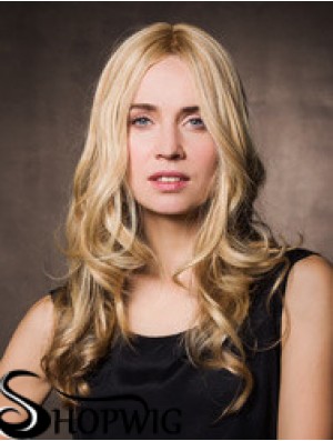 Monofilament Synthetic 17 inch Long Wavy Blonde Without Bangs Cheap Wigs For Cancer Patients